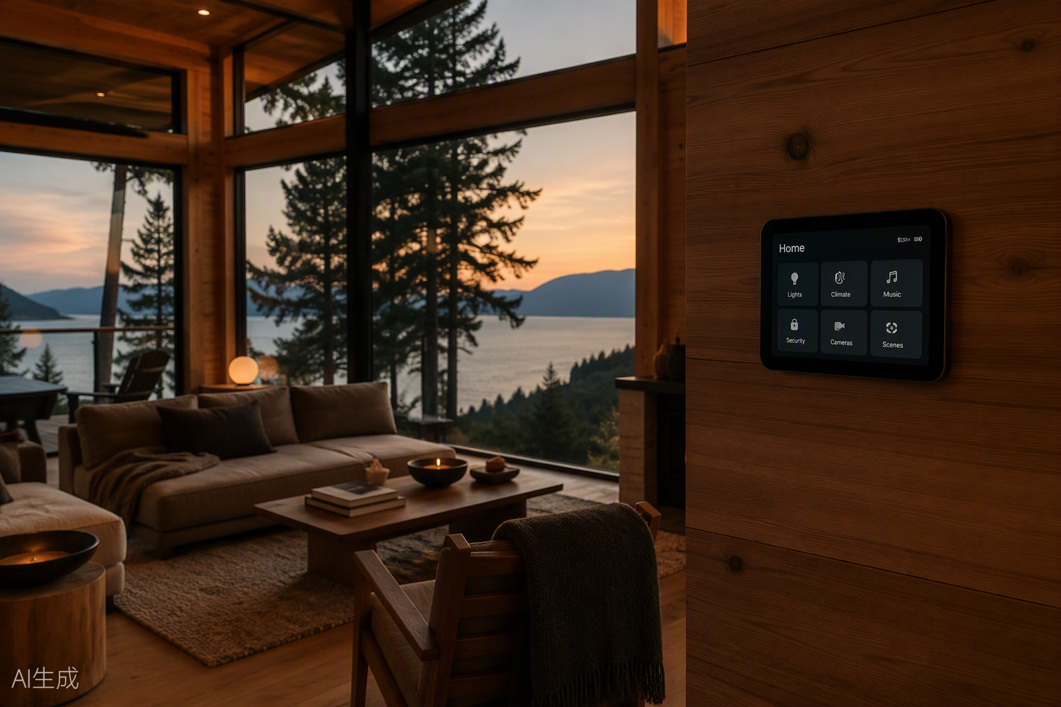 Cozy smart living room with a wall-mounted home control panel at dusk