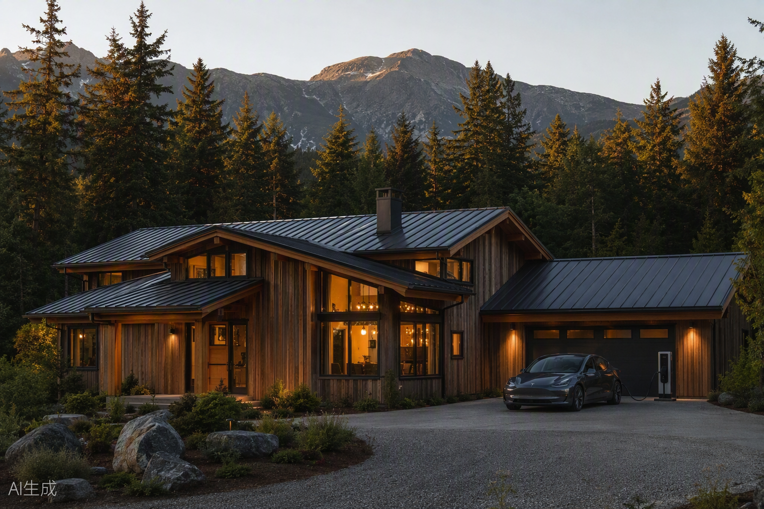 Modern BC home with an EV charging by the garage at golden hour