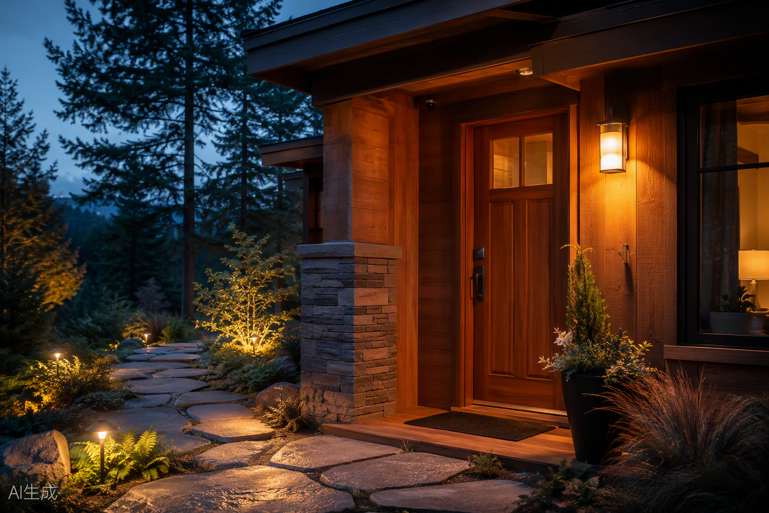 Warm-lit wooden home entrance with smart lock and garden path lights at night